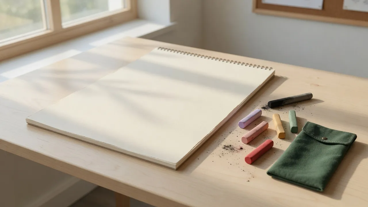 Geniş A3 okul resim defteri açık sayfada pastel ve kuru boyalarla düzenlenmiş sanat köşesi