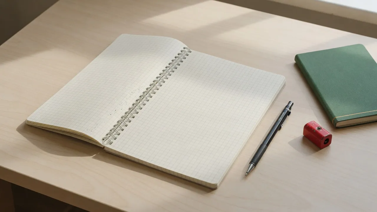 Sağlam metal spiralli A4 kareli defter amfi sırasında açık dururken mekanik kurşun kalem