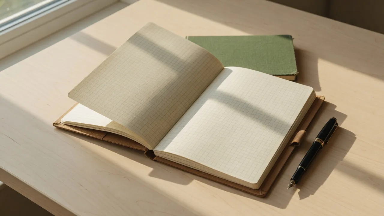 Doğal kraft kapaklı A5 kareli defter ve açık sayfalarda çizilmiş 5 mm kareler ile kurşun kalem
