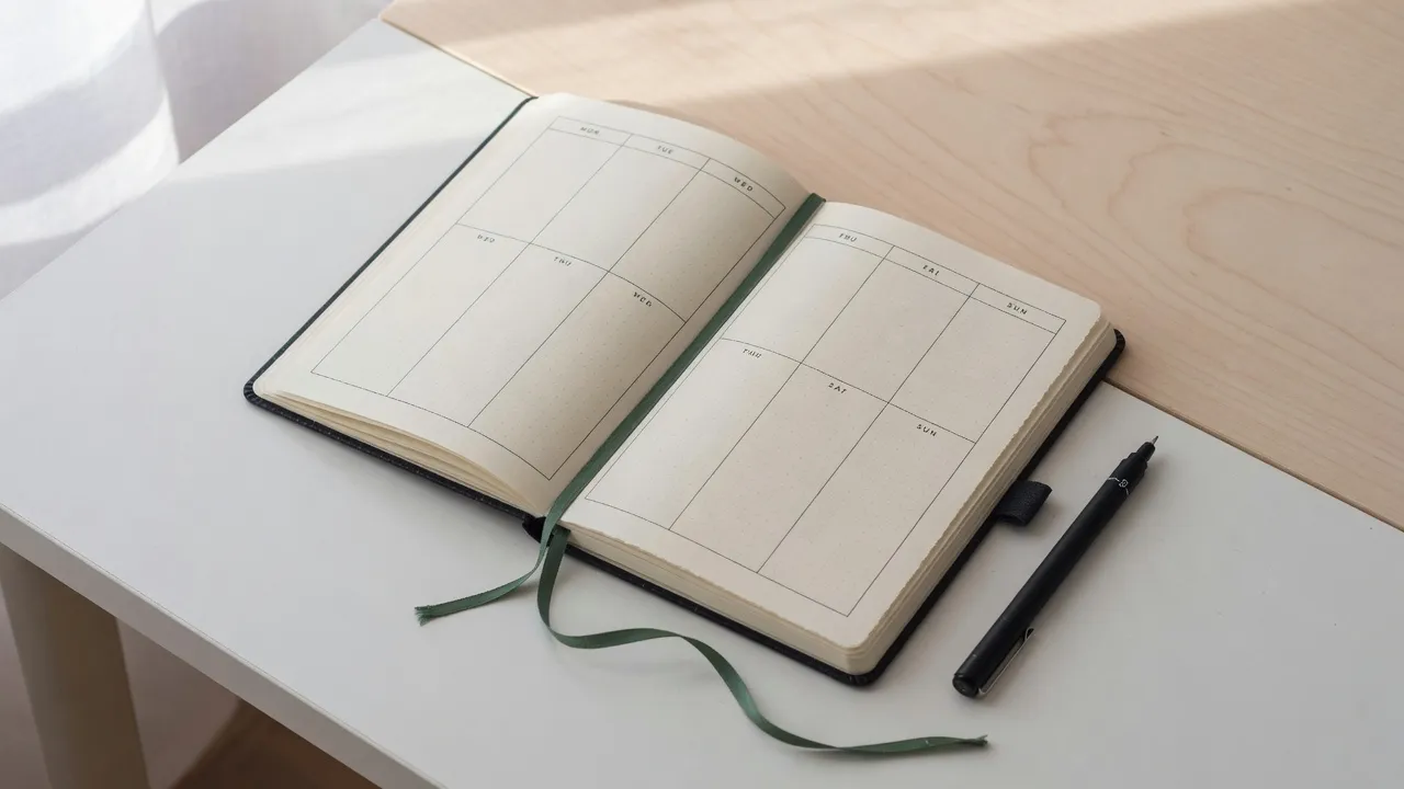 Siyah sert kapaklı A5 noktalı defter açık sayfada minimalist haftalık plan ve ince uçlu kalem