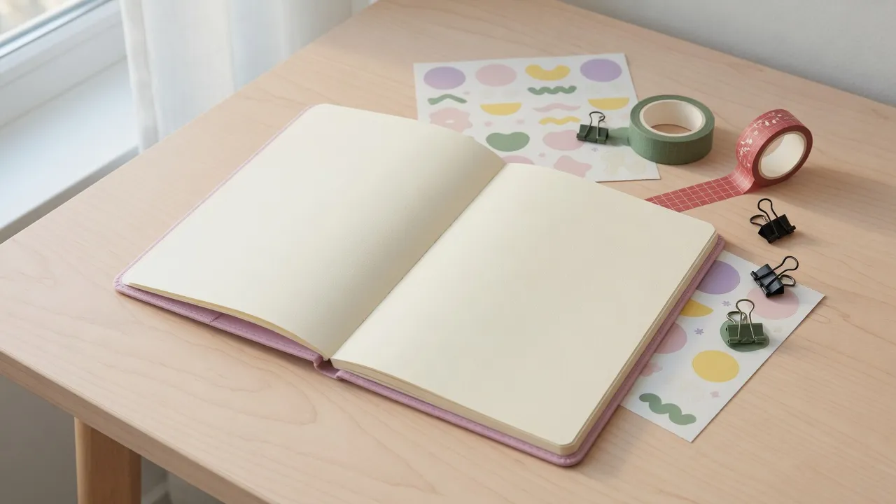 Pastel kapaklı açık A5 defter, dekoratif sticker sayfaları ve masa süslemeleri