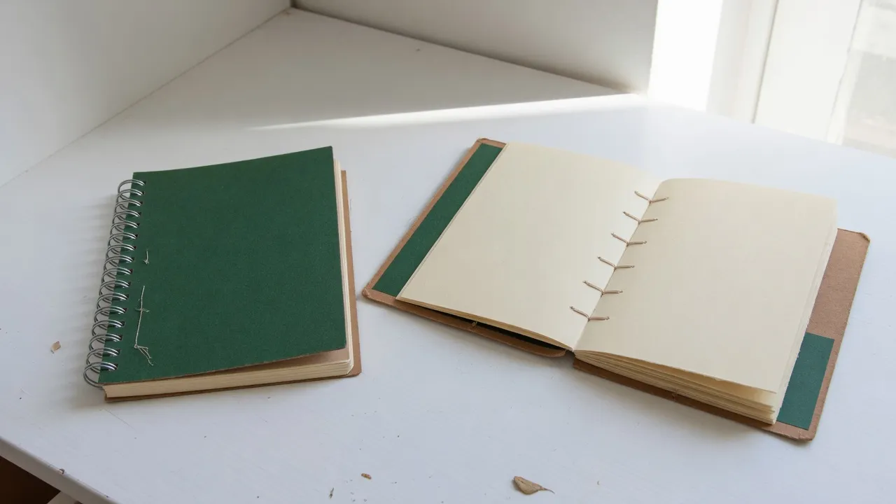 Masa üzerinde yan yana duran spiralli defter ve dikişli defter